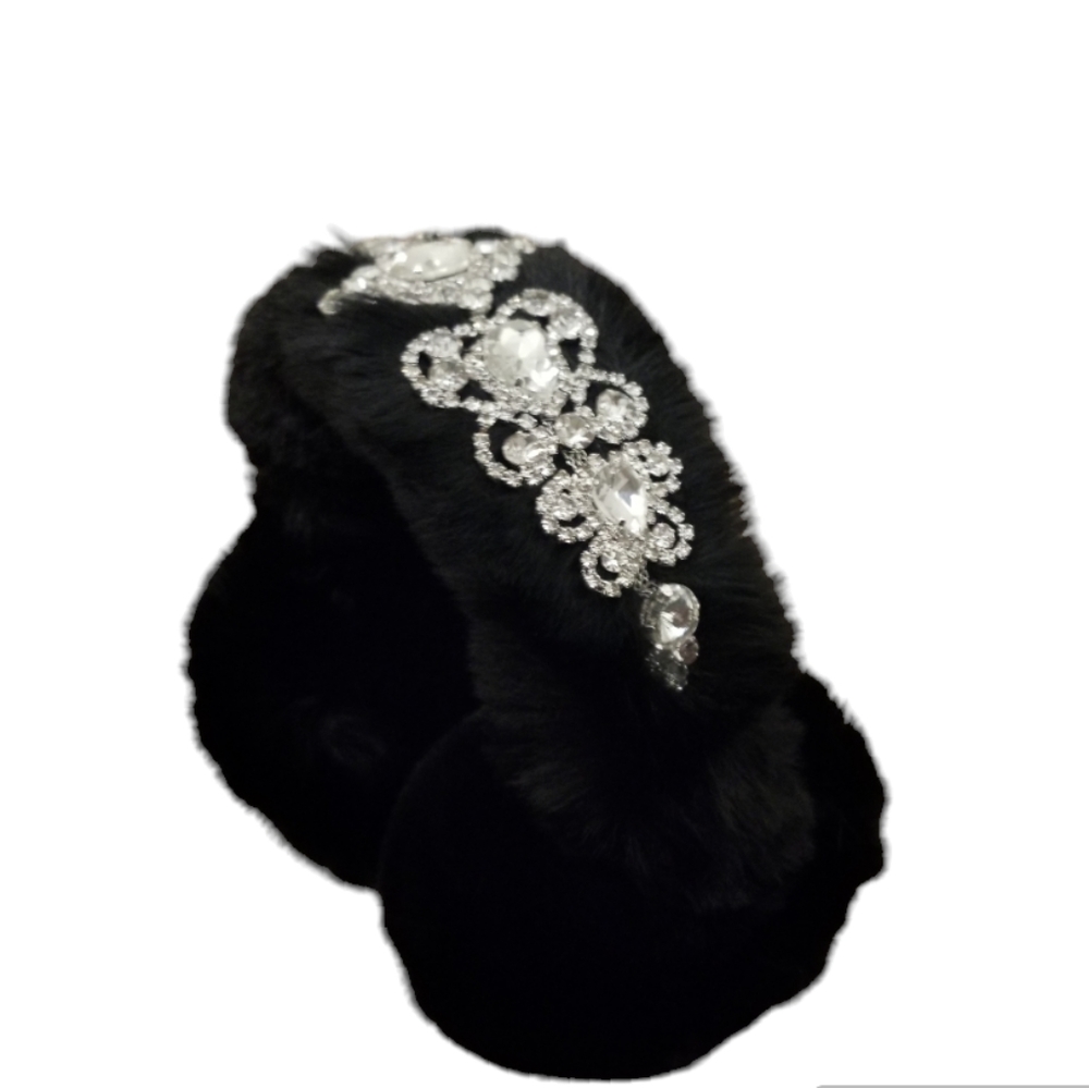 Black Faux Fur Crystal Emblellished Earmuffs Earwarmers Headband Headdress